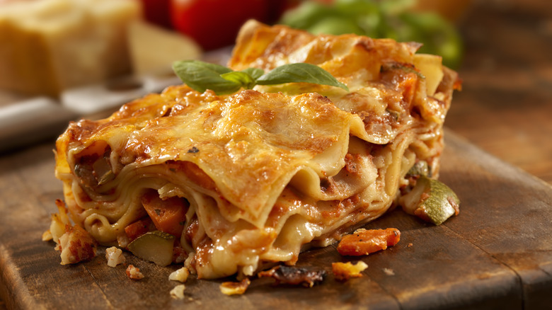 A piece of lasagna on a table