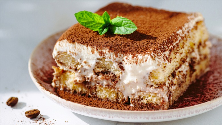 Slice of tiramisu on white plate 