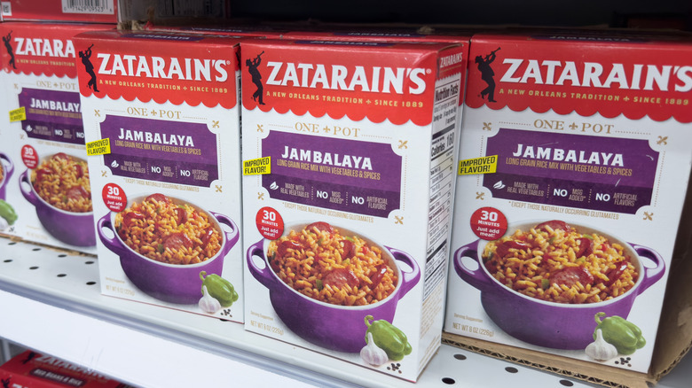 boxes of Zatarian's jambalaya on a stroe shelf