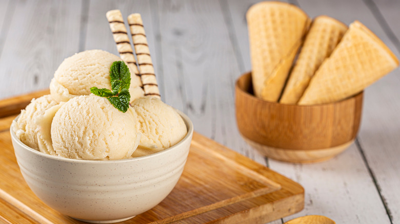 Bowl of ice cream and cones