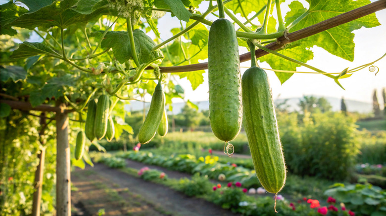 cucumber hanging from a plant