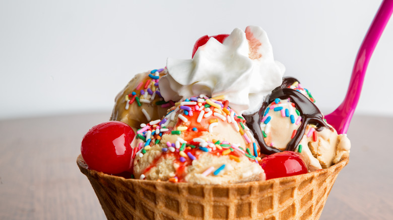 Multi-scoop waffle cone sundae
