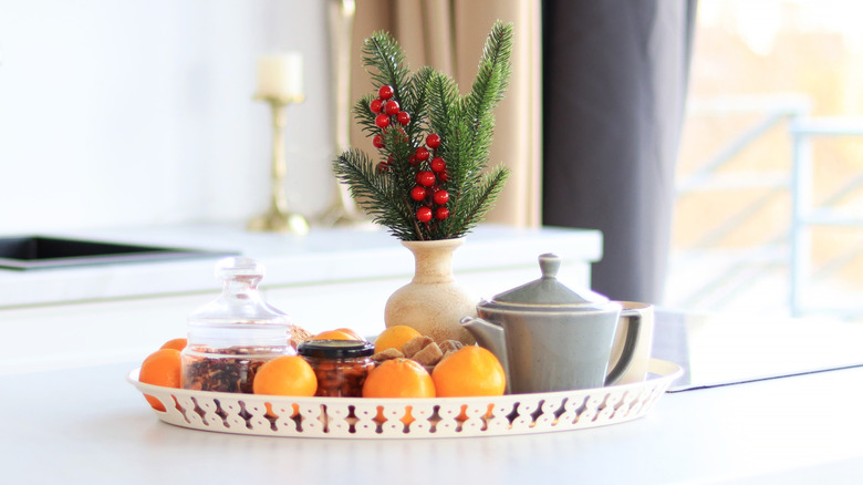 Stylized tray sits on kitchen island