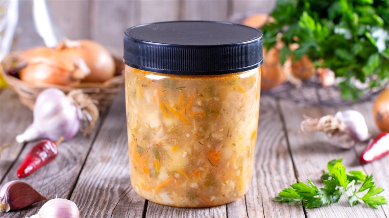 Container of frozen soup 