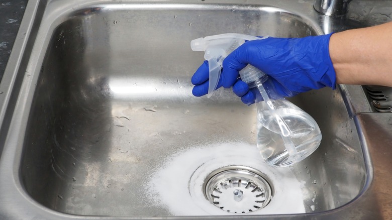 Spraying vinegar into sink