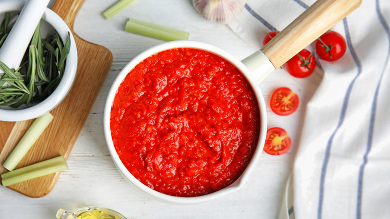 Pan of marinara on table