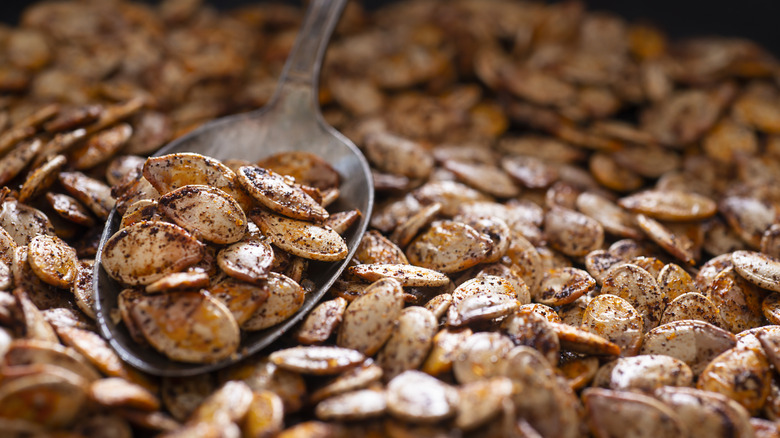 toasted pumpkin seeds with spoon