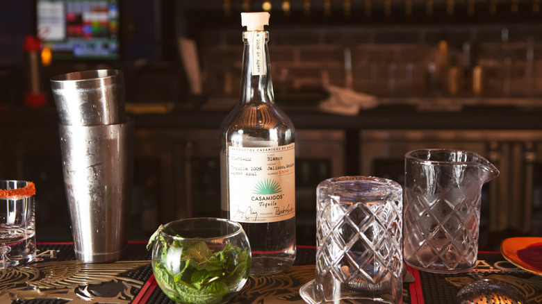 A bottle of Casamigos blanco tequila on bar