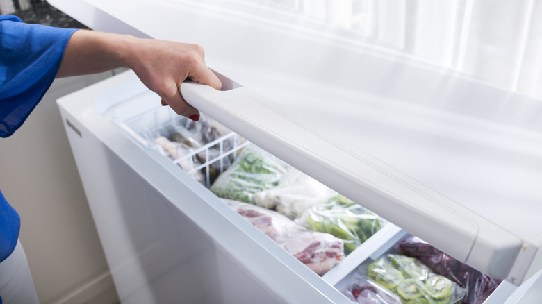 person opening a large storage freezer with well-organized foods inside