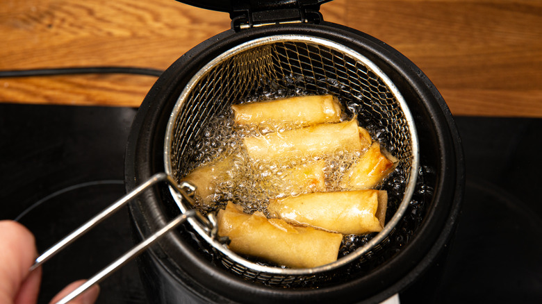 Home deep fryer with vegetable rolls