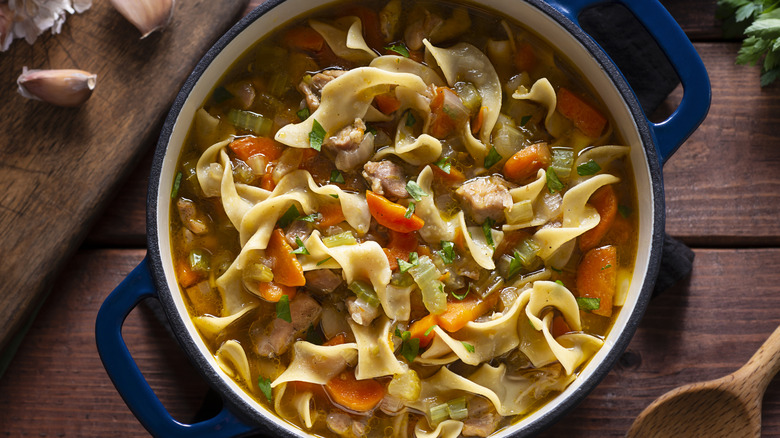 Chicken noodle soup in pot