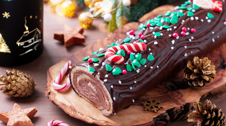Bûche de Noël cake with toppings