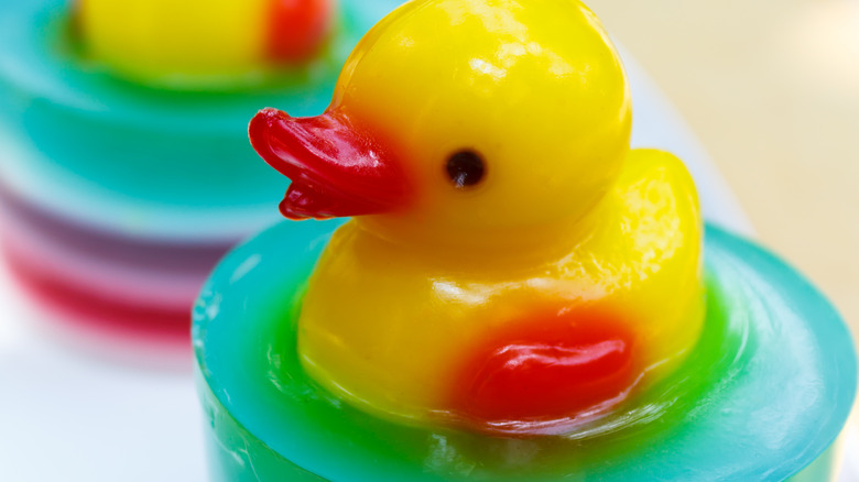 Colorful Jell-O shot with duck on top