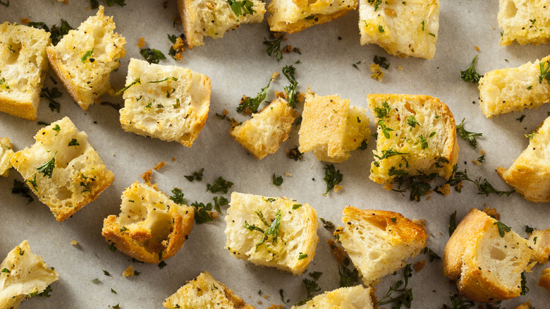 Homemade croutons on a pan