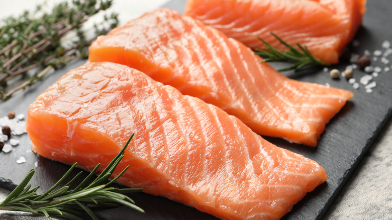 salmon filets on a tray