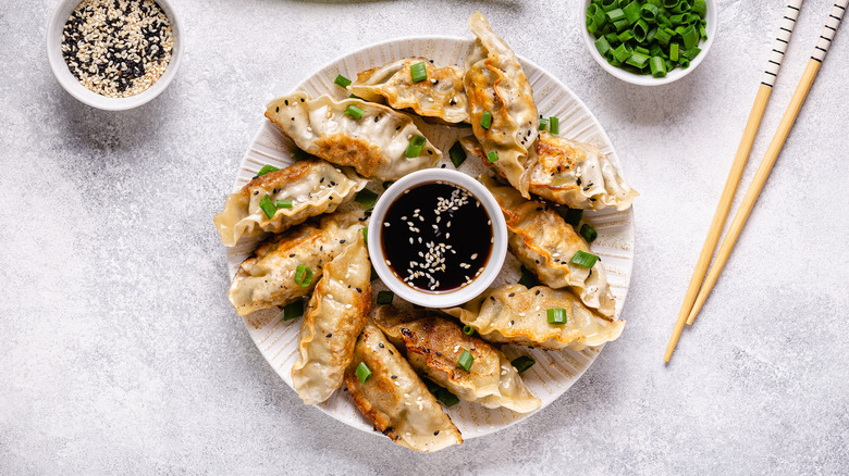 Bowl of potstickers with dipping sauce.