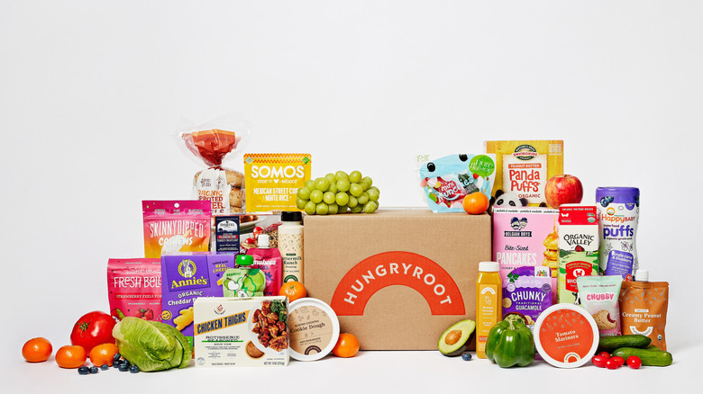 Hungryroot box with groceries on top