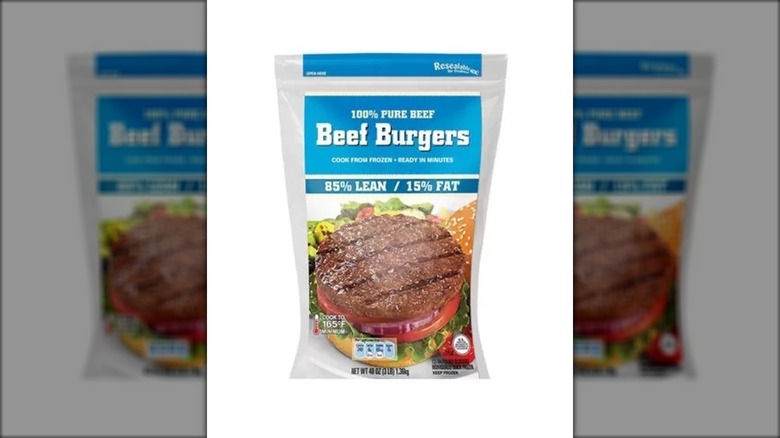 Aldi all natural 100% pure beef burgers packaging