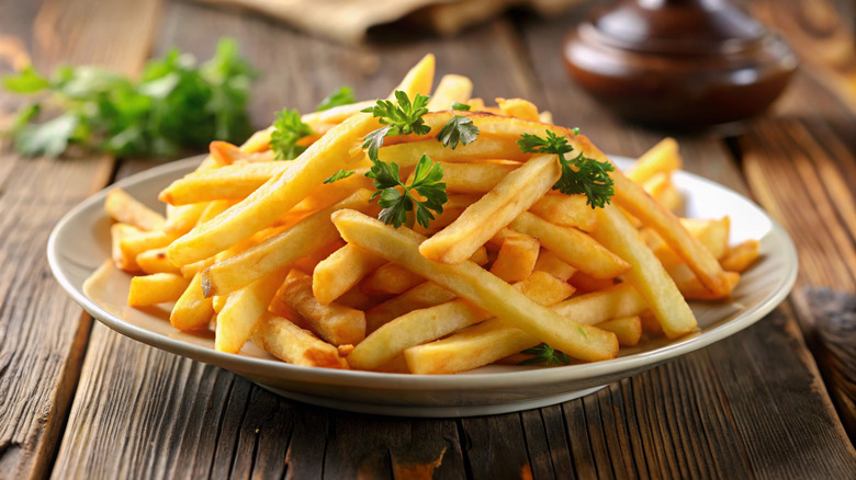 Fresh french fries tossed on a brown surface with plenty of salt