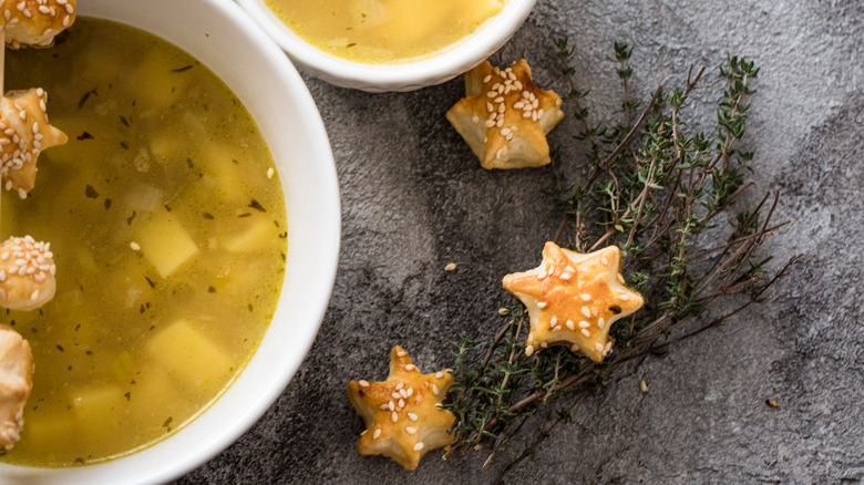 puff pasty soup croutons with bowl of soup