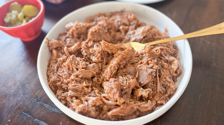 pulled pork in white bowl