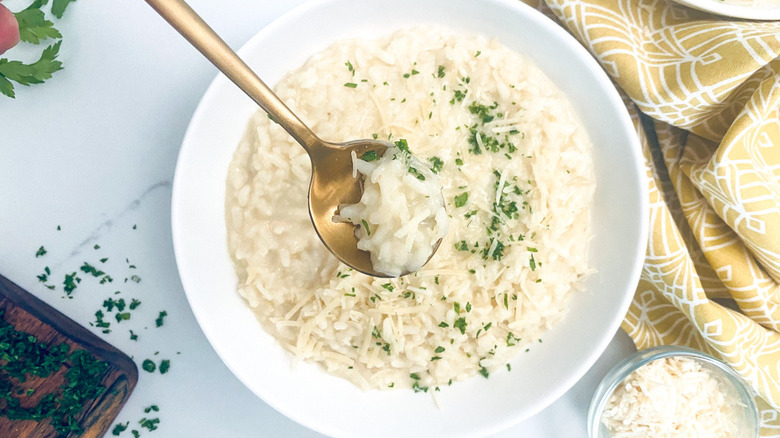 risotto in white bowl