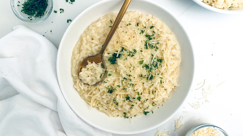 risotto in white bowl