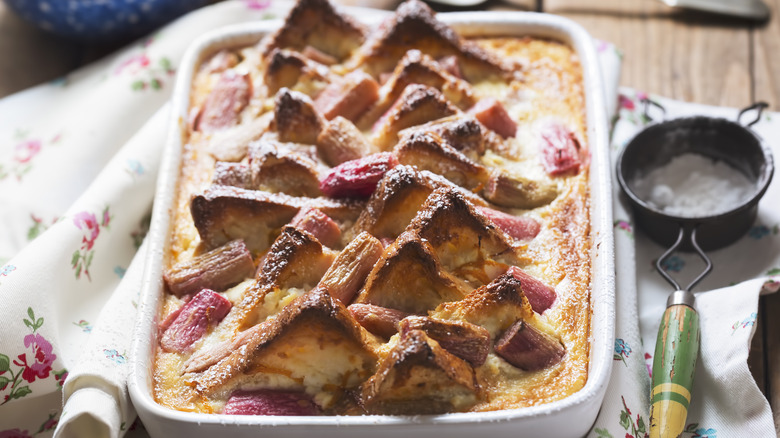 Casserole dish of bread pudding