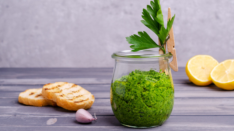 Wasabi sauce in a glass jar