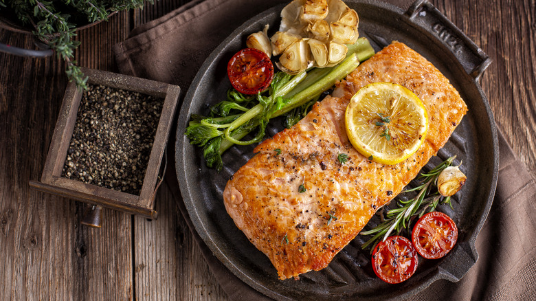 dish of salmon and vegetables