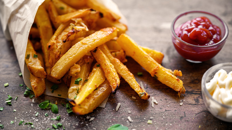 French fries with ketchup and mayonnaise
