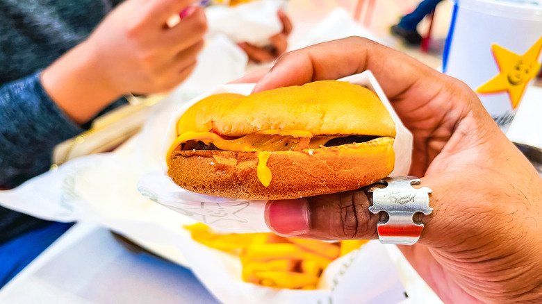 A hand holds a Hardee's burger