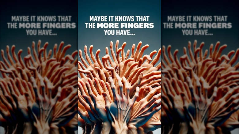 Screenshot of a controversial Instagram advert released by KFC, which shows an AI-generate picture of hands with multiple fingers, and the caption "Maybe it knows that the more fingers you have..."