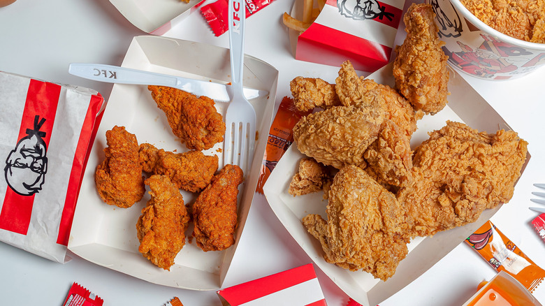 Overhead view of various chicken pieces from KFC