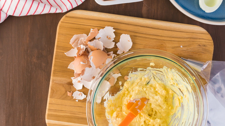 Bowl of egg yolks for deviled eggs