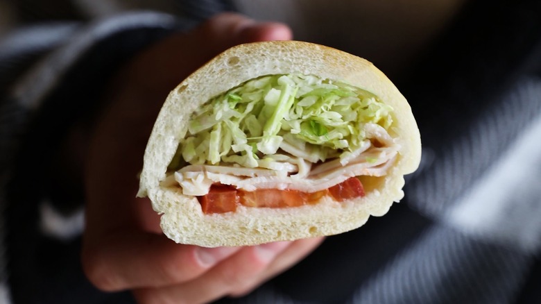 Hand holding Turkey Tom Half Sandwich