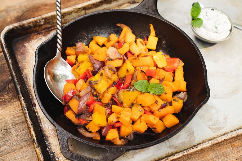 Kabocha Hash With Minted Ricotta and Caper-raisin Relish