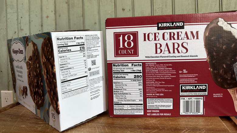 nutrition facts on boxes of the kirkland and haagen-dazs ice cream bars