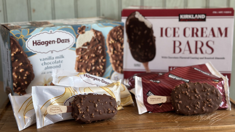 The kirkland ice cream bar and haagen-dazs ice cream bar compared side by side