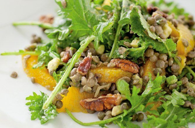 Lentils, Avocado, Oranges, Pecans, and Kale with Ginger Dressing