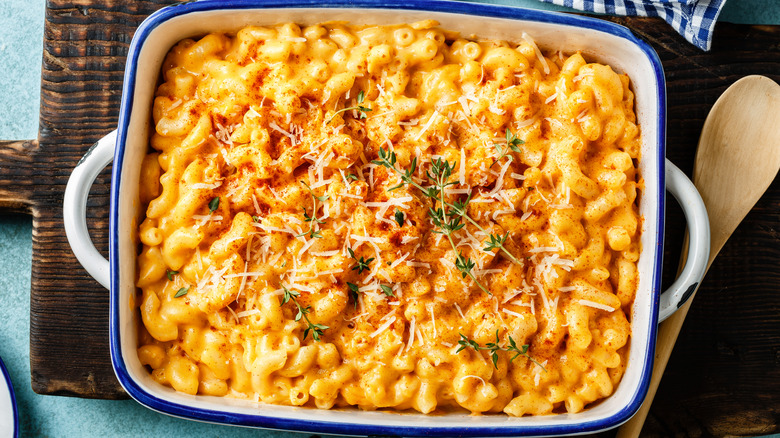 Mac and cheese in a ceramic dish