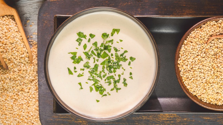 bowl of tahini with sesame seeds