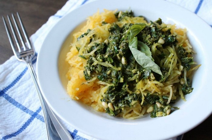 Spaghetti Squash with Vegan Spinach Pine Nut Pesto