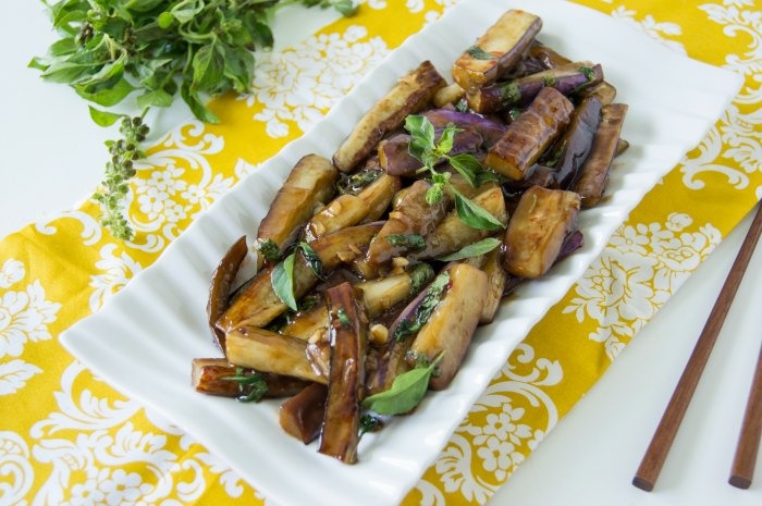 Sweet & Spicy Fried Eggplant with Lemon Basil