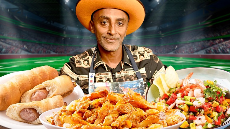 Marcus Samuelsson with plates of different food