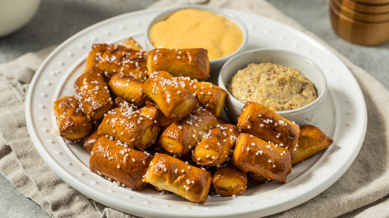 soft pretzel nuggets with cheese sauce and mustard
