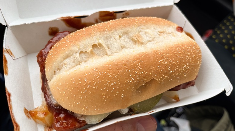 open container of a McRib sandwich