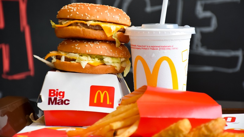 McDonald's burgers, fries, and drink 