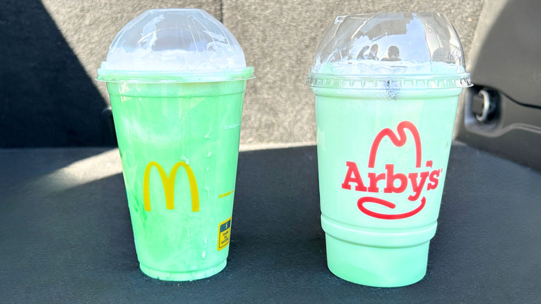 McDonald's Shamrock Shake and Arby's Andes Mint Chocolate Shake side by side