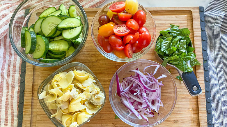 sliced veggies on cutting board